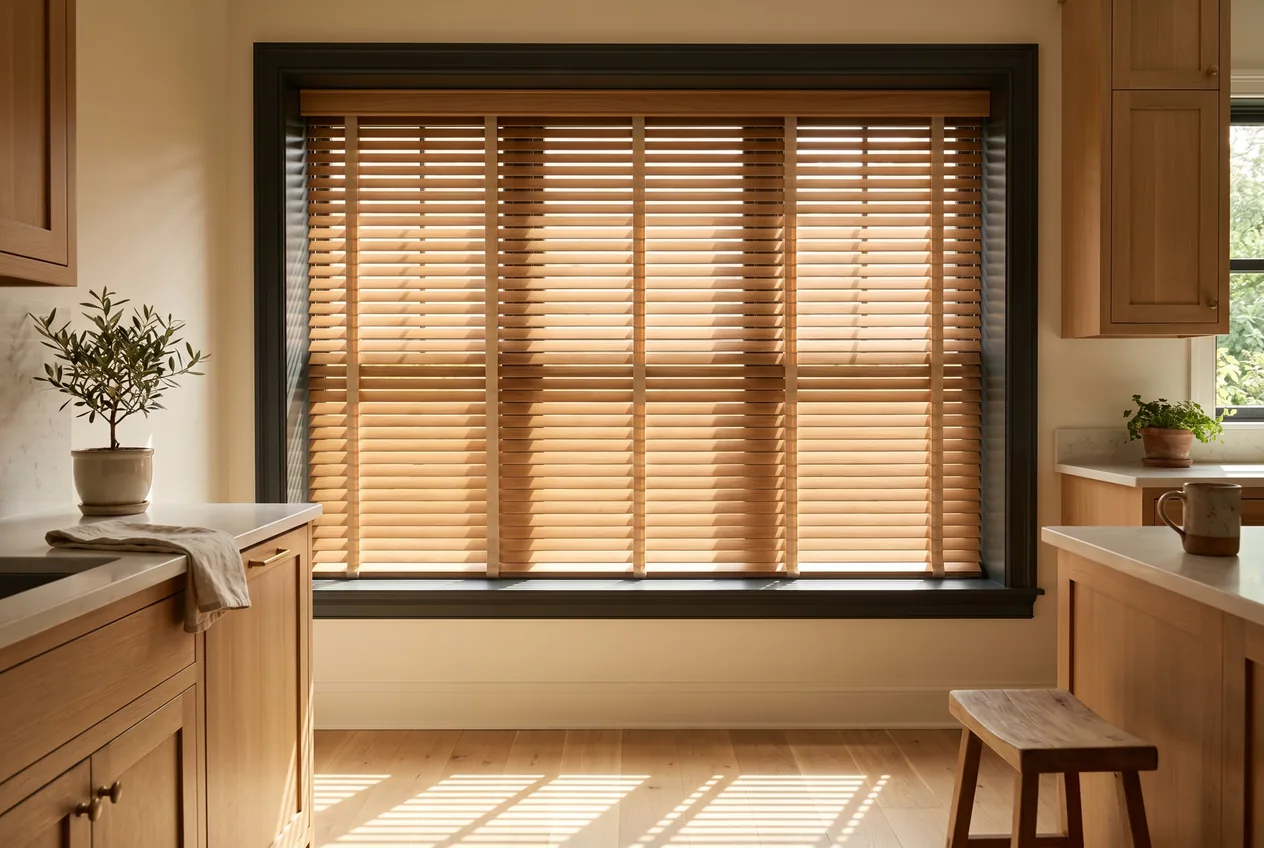 Oak wood blinds tilted open across a wide kitchen window, laying bands of sun across the floor