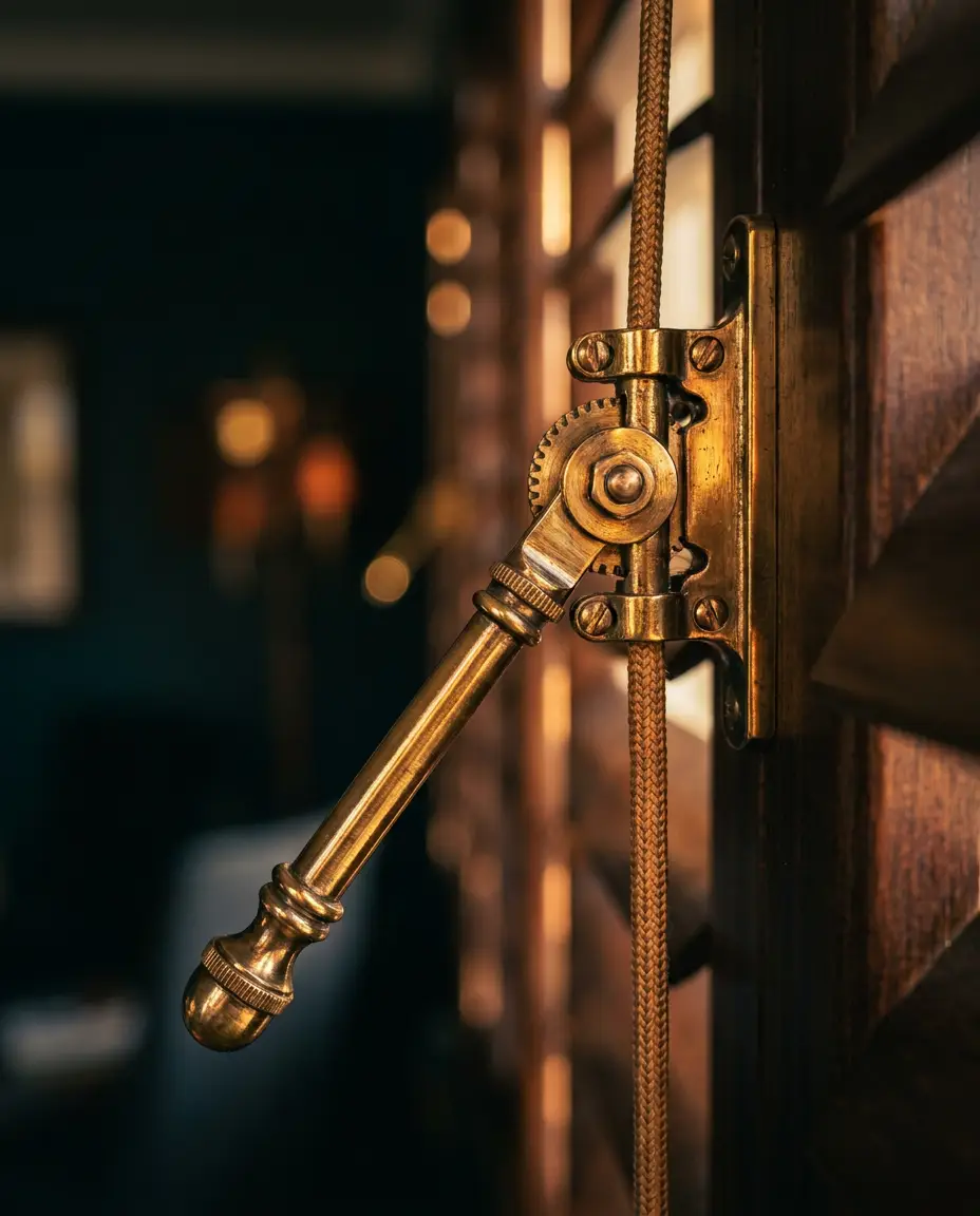 Macro detail of polished brass shutter hardware catching golden light