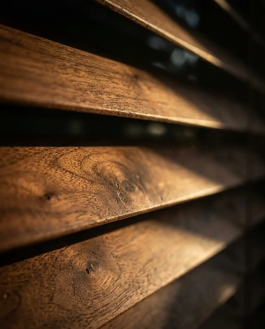 Macro detail of walnut wood blind slats showing the grain in warm light