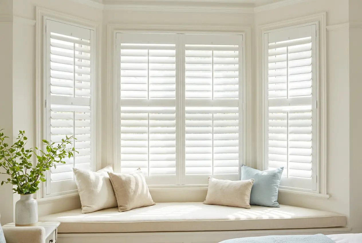 White plantation shutters casting dramatic striped shadows in a moody upscale room