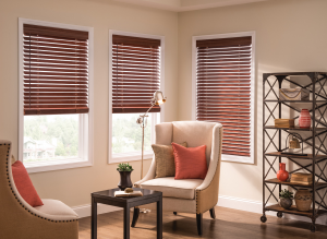A sitting area in a home with horizontal blinds on the windows.